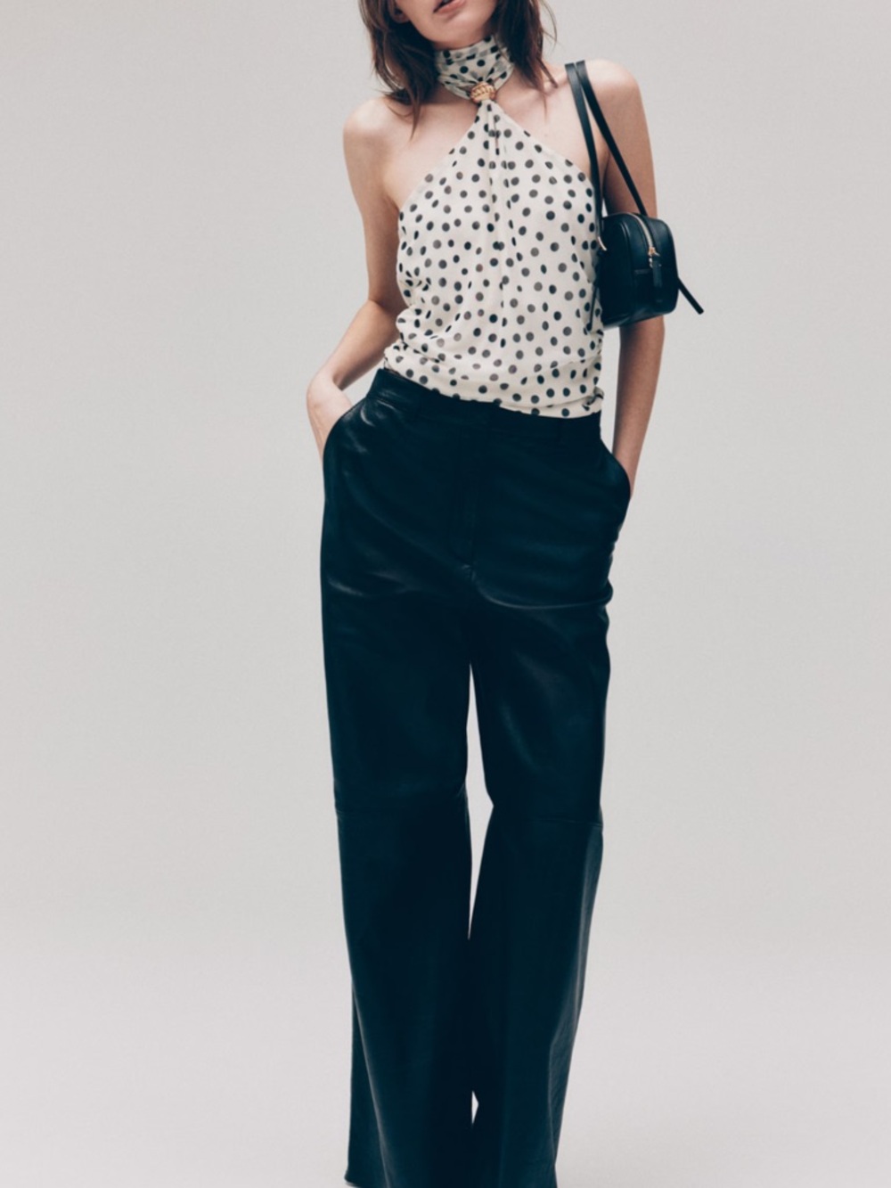 H&M Cream Polka Dot Halter Top with Black Wide-Leg Pants. Sold out online!! NWT